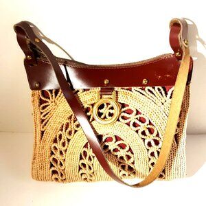 Robin Sisal Leather Shoulder Bag Purse Robin Pockets Zipper Medium Woven Lined